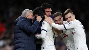 Tottenham Hotspur's Son Heung-min celebrates scoring their second goal with manager Jose Mourinho(REUTERS) Tottenham Hotspur's Son Heung-min celebrates scoring their second goal with manager Jose Mourinho(REUTERS)