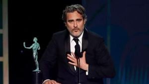 Joaquin Phoenix accepts the award for Outstanding Performance by a Male Actor in a Leading Role for Joker.(REUTERS) Joaquin Phoenix accepts the award for Outstanding Performance by a Male Actor in a Leading Role for Joker.(REUTERS)