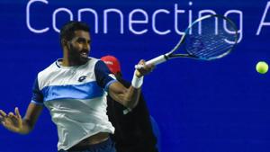 Prajnesh Gunneswaran of India in action against Yannik Maden of Germany.(Sanket Wankhade/HT PHOTO) Prajnesh Gunneswaran of India in action against Yannik Maden of Germany.(Sanket Wankhade/HT PHOTO)
