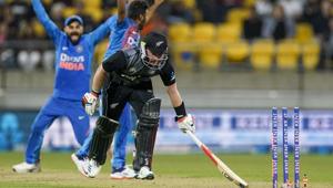 New Zealand's Tim Seifert is run out against India.(AP) New Zealand's Tim Seifert is run out against India.(AP)