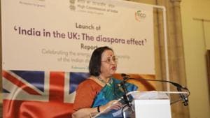 Indian high commissioner Ruchi Ghanashyam at the launch of ‘India in the UK: The Diaspora Effect’ report in Guildhall, London, on Tuesday, Feb 4, 2020.(HT Photo) Indian high commissioner Ruchi Ghanashyam at the launch of ‘India in the UK: The Diaspora Effect’ report in Guildhall, London, on Tuesday, Feb 4, 2020.(HT Photo)