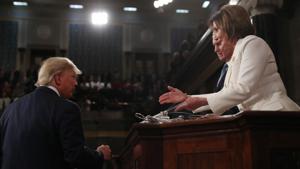 President Donald Trump turns away as Speaker of the House Nancy Pelosi reaches out to shake his hand as he arrives to deliver his State of the Union address to a joint session of the U.S. Congress in the House Chamber of the U.S. Capitol in Washington(REUTERS) President Donald Trump turns away as Speaker of the House Nancy Pelosi reaches out to shake his hand as he arrives to deliver his State of the Union address to a joint session of the U.S. Congress in the House Chamber of the U.S. Capitol in Washington(REUTERS)