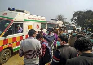 Ambulances arrive at the site where seven people, including three children, were killed after inhaling poisonous gas in a carpet factory at Jalalpur village in Biswan area of Sitapur district.(PTI) Ambulances arrive at the site where seven people, including three children, were killed after inhaling poisonous gas in a carpet factory at Jalalpur village in Biswan area of Sitapur district.(PTI)