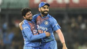 Indore: Indian bowler Kuldeep Yadav celebrates the wicket of Sri Lankan batsman Kusal Perera with Virat Kohli during the second T20 match, at Holkar Cricket Stadium in Indore, Tuesday, Jan. 7, 2020. (PTI Photo/Ravi Choudhary)(PTI1_7_2020_000192B)(PTI) Indore: Indian bowler Kuldeep Yadav celebrates the wicket of Sri Lankan batsman Kusal Perera with Virat Kohli during the second T20 match, at Holkar Cricket Stadium in Indore, Tuesday, Jan. 7, 2020. (PTI Photo/Ravi Choudhary)(PTI1_7_2020_000192B)(PTI)