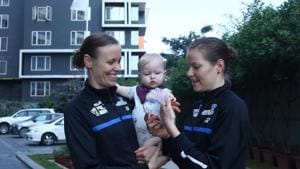 Denmark’s Kamilla Rytter Juhl (left) and Christinna Pedersen with their daughter Molly.(HT Photo)