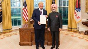 Ambassador of India to the USA Taranjit Singh Sandhu with President Donald J Trump.(@SandhuTaranjitS/Twitter Photo) Ambassador of India to the USA Taranjit Singh Sandhu with President Donald J Trump.(@SandhuTaranjitS/Twitter Photo)