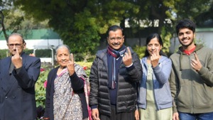 Delhi chief minister tweeted this picture of his family after they cast vote in Delhi Assembly Election, Feb 8, 2020. The CM’s son (extreme right) is a first-time voter.(Photo Credit: Arvind Kejriwal / Twitter) Delhi chief minister tweeted this picture of his family after they cast vote in Delhi Assembly Election, Feb 8, 2020. The CM’s son (extreme right) is a first-time voter.(Photo Credit: Arvind Kejriwal / Twitter)