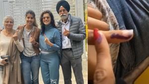 Taapsee Pannu with her family after casting their vote in Delhi. Taapsee Pannu with her family after casting their vote in Delhi.