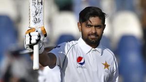 Pakistan batsman Babar Azam celebrates after completing his century(AP) Pakistan batsman Babar Azam celebrates after completing his century(AP)