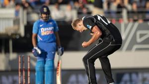 Black Caps bowler Kyle Jamieson celebrates the wicket of India's Prithvi Shaw during a One Day International cricket between India and New Zealand at Eden Park in Auckland, New Zealand, Saturday, Feb 8, 2020. (Brett Phibbs/Photosport via AP)(AP) Black Caps bowler Kyle Jamieson celebrates the wicket of India's Prithvi Shaw during a One Day International cricket between India and New Zealand at Eden Park in Auckland, New Zealand, Saturday, Feb 8, 2020. (Brett Phibbs/Photosport via AP)(AP)