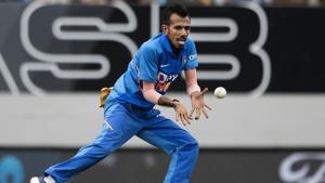 India bowler Yuzvendra Chahal prepares to catch out Mark Chapman off his own bowling.(AP) India bowler Yuzvendra Chahal prepares to catch out Mark Chapman off his own bowling.(AP)