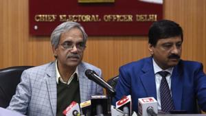 New Delhi, India - Feb. 9, 2020: Chief Electoral Officer Dr Ranbir Singh (L) and other Election Commission of India (ECI) officials address a press conference to announce the overall percentage of voting during Delhi Legislative Assembly elections, at Chief Electoral Office, in New Delhi.(Burhaan Kinu/HT PHOTO) New Delhi, India - Feb. 9, 2020: Chief Electoral Officer Dr Ranbir Singh (L) and other Election Commission of India (ECI) officials address a press conference to announce the overall percentage of voting during Delhi Legislative Assembly elections, at Chief Electoral Office, in New Delhi.(Burhaan Kinu/HT PHOTO)