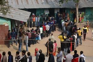 New Delhi, India - Feb. 8, 2020: Voters stand in queues to cast their votes at a polling centre, at SDMC Primary School, Madanpur, in New Delhi, India, on Saturday, February 8, 2020. (Photo by Amal KS/ Hindustan Times)(Amal KS/HT PHOTO) New Delhi, India - Feb. 8, 2020: Voters stand in queues to cast their votes at a polling centre, at SDMC Primary School, Madanpur, in New Delhi, India, on Saturday, February 8, 2020. (Photo by Amal KS/ Hindustan Times)(Amal KS/HT PHOTO)