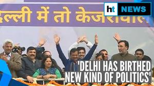 <p>Arvind Kejriwal addressed ecstatic cadre of his party after the AAP swept the Delhi Assembly election. Performing better than most exit poll predictions, the Aam Aadmi Party secured a second consecutive term in power. In his victory speech, incumbent Chief Minister Arvind Kejriwal said 'I love you' to Delhi voters. He also thanked Hindu god Hanuman, and said that Delhi had given birth to a new kind of politics with the decisive mandate. Kejriwal said that the birth of 'kaam ki rajneeti' (politics of work) was a good omen for India.</p> <p>Arvind Kejriwal addressed ecstatic cadre of his party after the AAP swept the Delhi Assembly election. Performing better than most exit poll predictions, the Aam Aadmi Party secured a second consecutive term in power. In his victory speech, incumbent Chief Minister Arvind Kejriwal said 'I love you' to Delhi voters. He also thanked Hindu god Hanuman, and said that Delhi had given birth to a new kind of politics with the decisive mandate. Kejriwal said that the birth of 'kaam ki rajneeti' (politics of work) was a good omen for India.</p>
