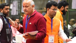 Deputy chief minister Manish Sisodia at a counting centre. (Raj K Raj/HT Photo) Deputy chief minister Manish Sisodia at a counting centre. (Raj K Raj/HT Photo)