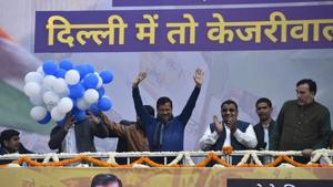AAP chief Arvind Kejriwal addresses supporters at party headquarters on Tuesday.(Sanjiv Verman/HT Photo) AAP chief Arvind Kejriwal addresses supporters at party headquarters on Tuesday.(Sanjiv Verman/HT Photo)