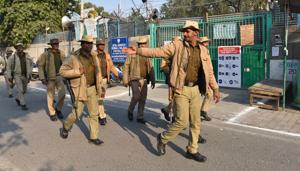 Security personnel are seen outside counting centres ahead of the Delhi assembly election result, at Gole Market, in New Delhi, India, on Monday, February 10, 2020.(Sanchit Khanna/HT PHOTO) Security personnel are seen outside counting centres ahead of the Delhi assembly election result, at Gole Market, in New Delhi, India, on Monday, February 10, 2020.(Sanchit Khanna/HT PHOTO)