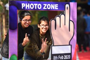 New Delhi, India - February 8, 2020: First-time voters Himani Sharma and Priyanka show their fingers marked with indelible ink after casting their votes during Vidhan Sabha elections, at Khyber Pass, in New Delhi, India, on Saturday, February 8, 2020. (Photo by Raj K Raj / Hindustan Times)(Raj K Raj/HT PHOTO) New Delhi, India - February 8, 2020: First-time voters Himani Sharma and Priyanka show their fingers marked with indelible ink after casting their votes during Vidhan Sabha elections, at Khyber Pass, in New Delhi, India, on Saturday, February 8, 2020. (Photo by Raj K Raj / Hindustan Times)(Raj K Raj/HT PHOTO)