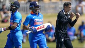 New Zealand's Hamish Bennet, right, celebrates the wicket of India's Virat Kohli .(AP) New Zealand's Hamish Bennet, right, celebrates the wicket of India's Virat Kohli .(AP)