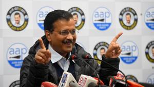 Delhi Chief Minister Arvind Kejriwal addresses a press conference at AAP office in ITO in New Delhi, on February 6.(Amal KS/HT Photo)