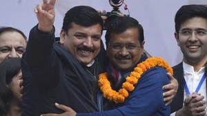 Delhi Chief Minister Arvind Kejriwal hugs party leader Sanjay Singh after party’s victory in Delhi Assembly Election.(Sanjeev Verma/HT PHOTO) Delhi Chief Minister Arvind Kejriwal hugs party leader Sanjay Singh after party’s victory in Delhi Assembly Election.(Sanjeev Verma/HT PHOTO)