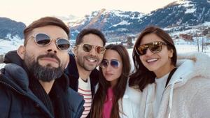 Varun Dhawan, his girlfriend Natasha Dalal with Anushka Sharma and her cricketer husband Virat Kohli in Switzerland.(Instagram) Varun Dhawan, his girlfriend Natasha Dalal with Anushka Sharma and her cricketer husband Virat Kohli in Switzerland.(Instagram)