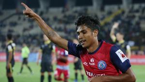 Sumeet Passi celebrates after scoring for Jamshedpur FC.(Twitter) Sumeet Passi celebrates after scoring for Jamshedpur FC.(Twitter)