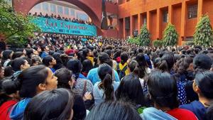 While the alleged incident happened on February 6, the police registered a case only on Monday – after much outrage against the alleged sexual harassment. Students held a protest at the college premises, alleging inaction by the college authorities. (PTI photo)