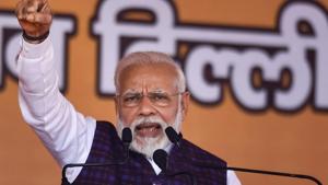Prime Minister Narendra Modi gestures during an election campaign rally ahead of the State Assembly polls, at Dwarka.(PTI) Prime Minister Narendra Modi gestures during an election campaign rally ahead of the State Assembly polls, at Dwarka.(PTI)