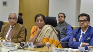 Finance Minister Nirmala Sitharaman during a meeting at NITI Aayog, in New Delhi.(PTI) Finance Minister Nirmala Sitharaman during a meeting at NITI Aayog, in New Delhi.(PTI)