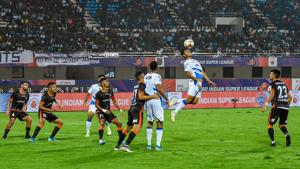 Odisha FC vs GOA FC players during a football match at Kalinga Stadium, in Bhubaneswar.(PTI) Odisha FC vs GOA FC players during a football match at Kalinga Stadium, in Bhubaneswar.(PTI)