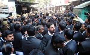 Lawyers at Lucknow District Court premises following a crude bomb blast in Lucknow, Uttar Pradesh on Thursday.(Dheeraj Dhawan/HT Photo) Lawyers at Lucknow District Court premises following a crude bomb blast in Lucknow, Uttar Pradesh on Thursday.(Dheeraj Dhawan/HT Photo)