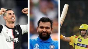 Rohit Sharma, Cristiano Ronaldo and Michael Hussey.(HT Collage) Rohit Sharma, Cristiano Ronaldo and Michael Hussey.(HT Collage)