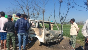 Four students, aged between four and six, were killed and eight others injured on Saturday after their school van caught fire in Longowal town of Punjab’s Sangrur district(HT Photo) Four students, aged between four and six, were killed and eight others injured on Saturday after their school van caught fire in Longowal town of Punjab’s Sangrur district(HT Photo)