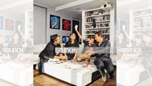 (Clockwise from extreme right) Cricket legend Sunil Gavaskar, son Rohan and grandkids Reya, 14 and Vivaan, 10 play a word game called Fletter at a Game Night organised by HT Brunch; Make-up and hair: Sai Sawant(Shivangi Kulkarni) (Clockwise from extreme right) Cricket legend Sunil Gavaskar, son Rohan and grandkids Reya, 14 and Vivaan, 10 play a word game called Fletter at a Game Night organised by HT Brunch; Make-up and hair: Sai Sawant(Shivangi Kulkarni)