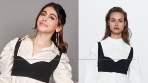 Alaya wore a black mini skirt from Zara which costs about Rs 2790, she paired this with a basic white shirt, which starts at around Rs 1890 at Zara, as for the black crop top.(Instagram/ZaraIndia) Alaya wore a black mini skirt from Zara which costs about Rs 2790, she paired this with a basic white shirt, which starts at around Rs 1890 at Zara, as for the black crop top.(Instagram/ZaraIndia)