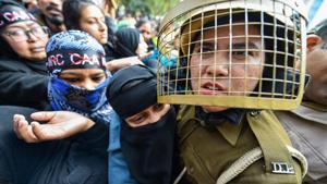 Police stop protesters during their march against the amended Citizenship Act, NRC and NPR, Jamia Nagar, New Delhi, February 10, 2020(PTI) Police stop protesters during their march against the amended Citizenship Act, NRC and NPR, Jamia Nagar, New Delhi, February 10, 2020(PTI)