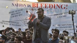 Film director Anurag Kashyap addresses the gathering during a sit-in protest against Citizenship Amendment Act (CAA), National Register of Citizens (NRC) and National Population Register, at Jamia Millia Islamia University, in New Delhi on Friday.(Burhaan Kinu/HT PHOTO) Film director Anurag Kashyap addresses the gathering during a sit-in protest against Citizenship Amendment Act (CAA), National Register of Citizens (NRC) and National Population Register, at Jamia Millia Islamia University, in New Delhi on Friday.(Burhaan Kinu/HT PHOTO)
