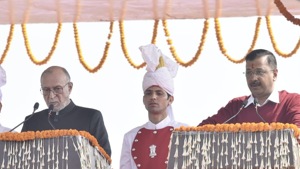 Arvind Kejriwal taking oath as Chief Minister of Delhi for the third time.(Vipin Kumar/HT Photo) Arvind Kejriwal taking oath as Chief Minister of Delhi for the third time.(Vipin Kumar/HT Photo)