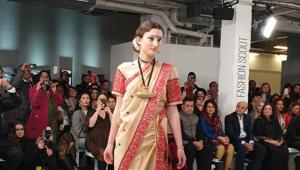 Models sashayed on the catwalk wearing saris from various parts of India, including from Assam (mekhela-chador), West Bengal (baluchari), Kashmiri, and Kasavu (Kerala). Models sashayed on the catwalk wearing saris from various parts of India, including from Assam (mekhela-chador), West Bengal (baluchari), Kashmiri, and Kasavu (Kerala).