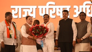 BJP National President JP Nadda and other BJP leaders during BJP State Excutive Conclave at Nerul on Sunday(Bachchan Kumar/HT Photo) BJP National President JP Nadda and other BJP leaders during BJP State Excutive Conclave at Nerul on Sunday(Bachchan Kumar/HT Photo)