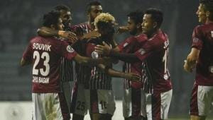 Mohun Bagan players celebrate during the 2017 AFC Cup Qualifier match against Colombo FC.(Hindustan Times via Getty Images) Mohun Bagan players celebrate during the 2017 AFC Cup Qualifier match against Colombo FC.(Hindustan Times via Getty Images)