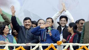 Delhi CM and AAP convenor Arvind Kejriwal during his address to supporters after party's victory in the Delhi Assembly polls at AAP office in New Delhi on February 11, 2020. Delhi CM and AAP convenor Arvind Kejriwal during his address to supporters after party's victory in the Delhi Assembly polls at AAP office in New Delhi on February 11, 2020.