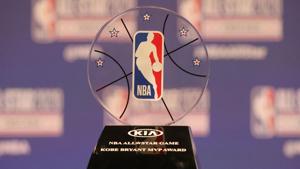 Feb 15, 2020; Chicago, Illinois, USA; NBA commissioner Adam Silver unveils the Kobe Bryant MVP Award at a press conference during NBA All Star Saturday Night at United Center. Mandatory Credit: Dennis Wierzbicki-USA TODAY Sports(USA TODAY Sports) Feb 15, 2020; Chicago, Illinois, USA; NBA commissioner Adam Silver unveils the Kobe Bryant MVP Award at a press conference during NBA All Star Saturday Night at United Center. Mandatory Credit: Dennis Wierzbicki-USA TODAY Sports(USA TODAY Sports)