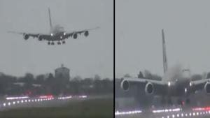The Etihad Airbus A380 aircraft hovered sideways over the runway before successfully landing.(Twitter) The Etihad Airbus A380 aircraft hovered sideways over the runway before successfully landing.(Twitter)