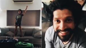 Farhan Akhtar and his daughter Akira in a still from the funny throwback video. Farhan Akhtar and his daughter Akira in a still from the funny throwback video.