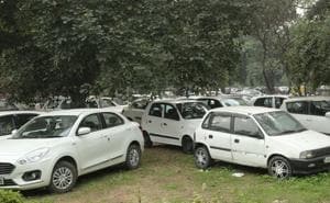 Impounded vehicles parked at Children’s Traffic Park in Sector 23.(HT PHOTO)