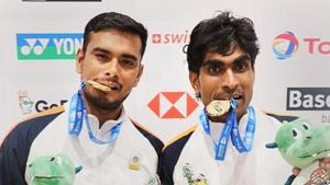 Para-badminton players Pramod Bhagat and Manoj Sarkar pose with their doubles medals at Basel 2019 Championships, Switzerland.(PTI) Para-badminton players Pramod Bhagat and Manoj Sarkar pose with their doubles medals at Basel 2019 Championships, Switzerland.(PTI)
