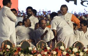 Nawab Malik, Praful Patel, Ajit Pawar interacts with Ramdas Kadam along with Chandrakant Khaire and Ashok Chavan during the swearing ceremony at Shivaji Park Dadar in Mumbai.(Anshuman Poyrekar/HT file photo) Nawab Malik, Praful Patel, Ajit Pawar interacts with Ramdas Kadam along with Chandrakant Khaire and Ashok Chavan during the swearing ceremony at Shivaji Park Dadar in Mumbai.(Anshuman Poyrekar/HT file photo)