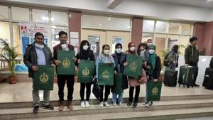 The seven Maldivian nationals after being discharged from the ITBP facility on Monday night.(ANI Photo) The seven Maldivian nationals after being discharged from the ITBP facility on Monday night.(ANI Photo)